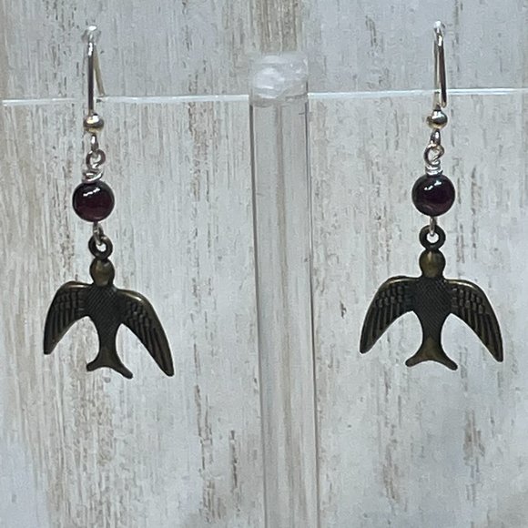 HANDMADE ARTISAN made Bronze Flying Sparrow Flying Bird Dangle Earrings PRETTY - Picture 2 of 6